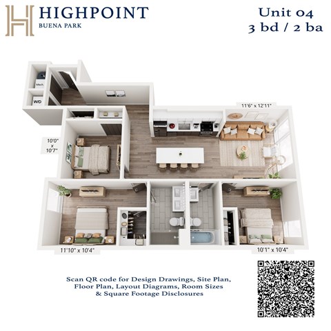 A floor plan for a 3 bedroom, 2 bathroom apartment at Highpoint Buena Park.